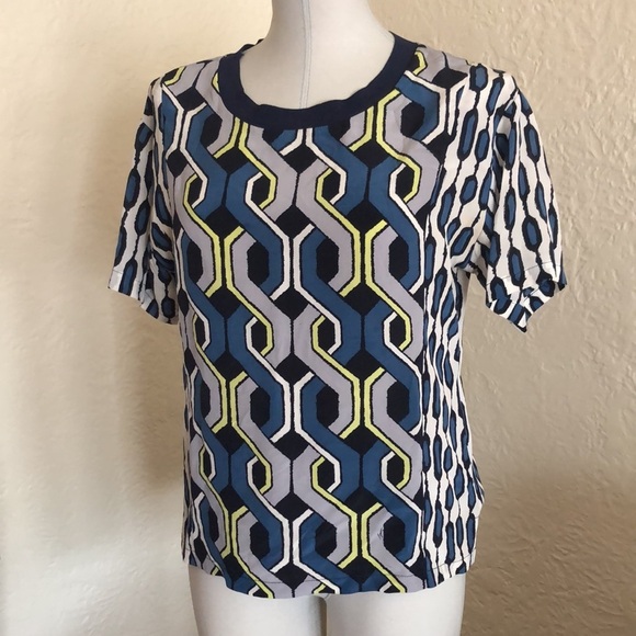 Trina Turk Silk Blue Yellow Geometric Patterned Top Shirt Blouse - Picture 2 of 10